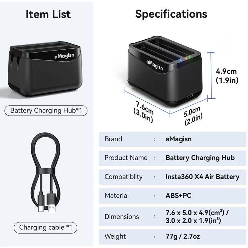 aMagisn Fast Charge Hub สำหรับเคสชาร์จแบตเตอรี่กล้อง Insta360 X4 Air อุปกรณ์เสริมกล่องชาร์จ Battery Charger thumbnail 9