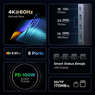 UGREEN Uno ฮับ USB-C 8-in-1 - การถ่ายโอนข้อมูล 10Gbps, การชาร์จ PD100W อันทรงพลัง, 4K@60Hz HDMI, เครื่องอ่านการ์ด SD/TF 3.0, จอแสดงผล LED อัจฉริยะสําหรับ MacBook Pro/Air, แล็ปท็อป Windows