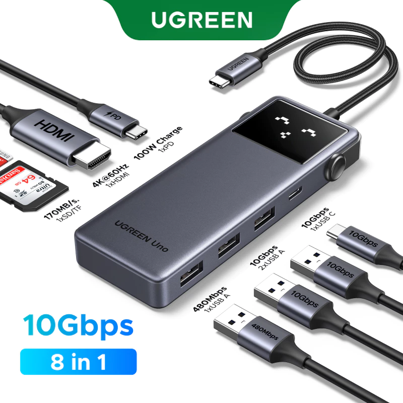 UGREEN Uno ฮับ USB-C 8-in-1 - การถ่ายโอนข้อมูล 10Gbps, การชาร์จ PD100W อันทรงพลัง, 4K@60Hz HDMI, เครื่องอ่านการ์ด SD/TF 3.0, จอแสดงผล LED อัจฉริยะสําหรับ MacBook Pro/Air, แล็ปท็อป Windows