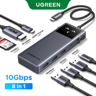 UGREEN Uno ฮับ USB-C 8-in-1 - การถ่ายโอนข้อมูล 10Gbps, การชาร์จ PD100W อันทรงพลัง, 4K@60Hz HDMI, เครื่องอ่านการ์ด SD/TF 3.0, จอแสดงผล LED อัจฉริยะสําหรับ MacBook Pro/Air, แล็ปท็อป Windows