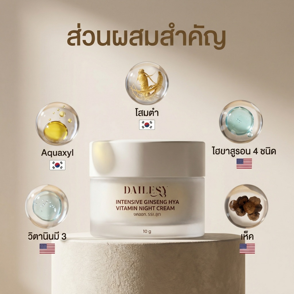 DAILESY Ginseng Face Cream อุดมด้วยสารสกัดจากโสม เป็นครีมให้ความชุ่มชื้นและต่อต้านริ้วรอยที่ช่วยลดเลือนริ้วรอย ให้ผิวสดชื่นและกระจ่างใส