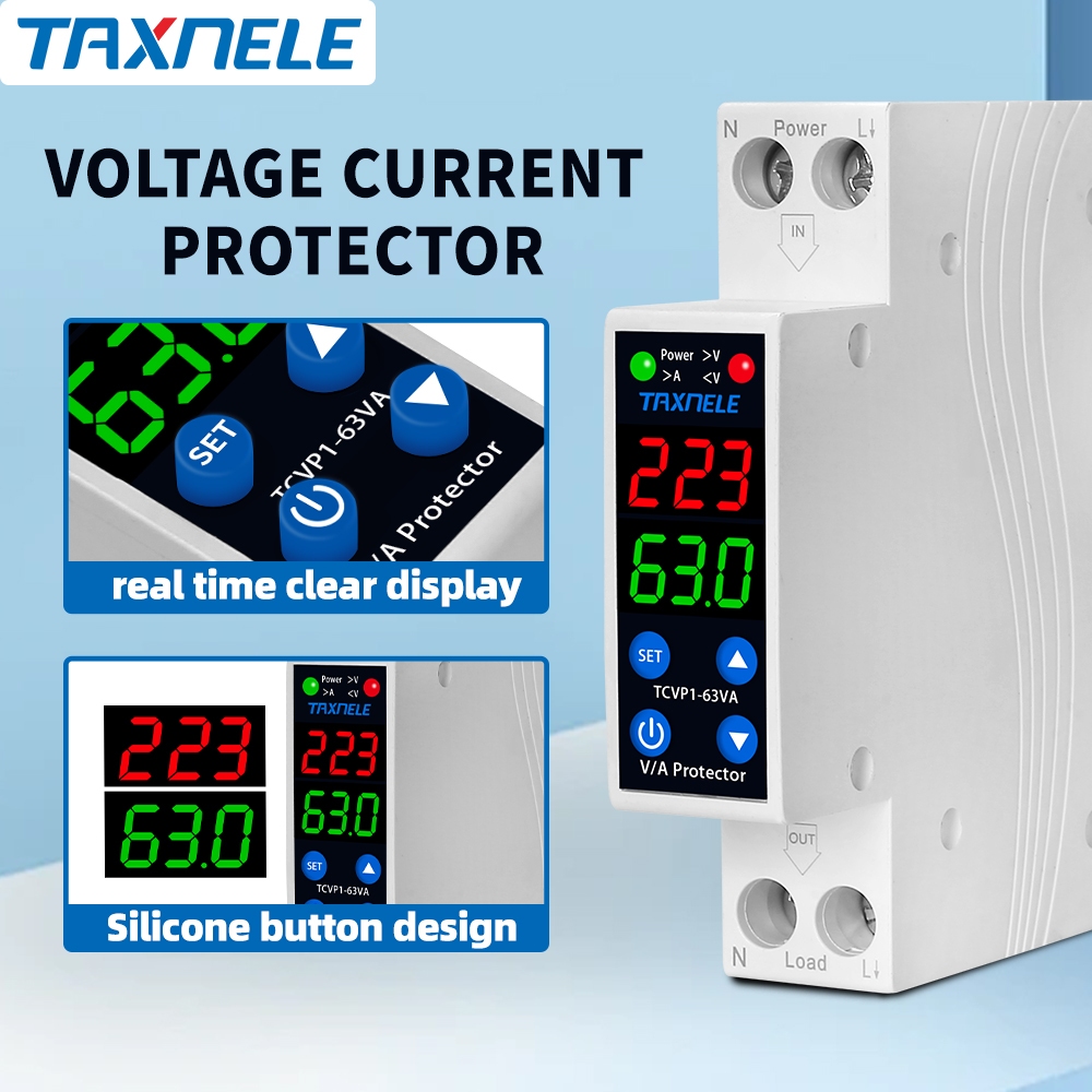 18 มม. 1P + N 63A 230V จอแสดงผลคู่ปรับดิจิตอล Over Under แรงดันไฟฟ้ารีเลย์ Over Current Protection