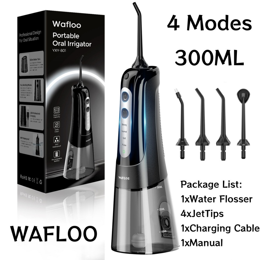 (รับประกัน 2 ปี) จัดส่งภายใน 24 ชั่วโมง【COD】WAFLOO Y801สีดําไร้สายน้ําไหมขัดฟันสําหรับฟัน,ชลประทานในช่องปากแบบพกพาที่มี4โหมด ไอพีเอ็กซ์7กันน้ําชาร์จน้ําไหมขัดฟันสําหรับบ้านเดินทาง,สําหรับจัดฟันทําความสะ เครื่องทำความสะอาดฟัน