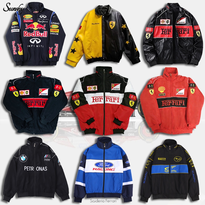 F1 Ferrari เย็บปักถักร้อยแจ็คเก็ตแข่งผู้หญิง Retro แฟชั่นรถจักรยานยนต์ขี่ Windbreaker Unisex ซิปพรีเมี่ยม Varsity Jeket