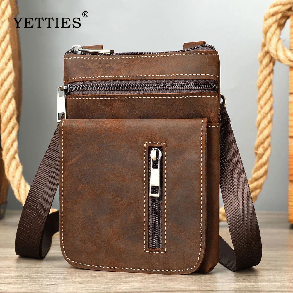 YETTIES กระเป๋าสะพายไหล่ผู้ชาย Vintage Multi-pocket Vertical Square Simple Travel Crossbody Bag