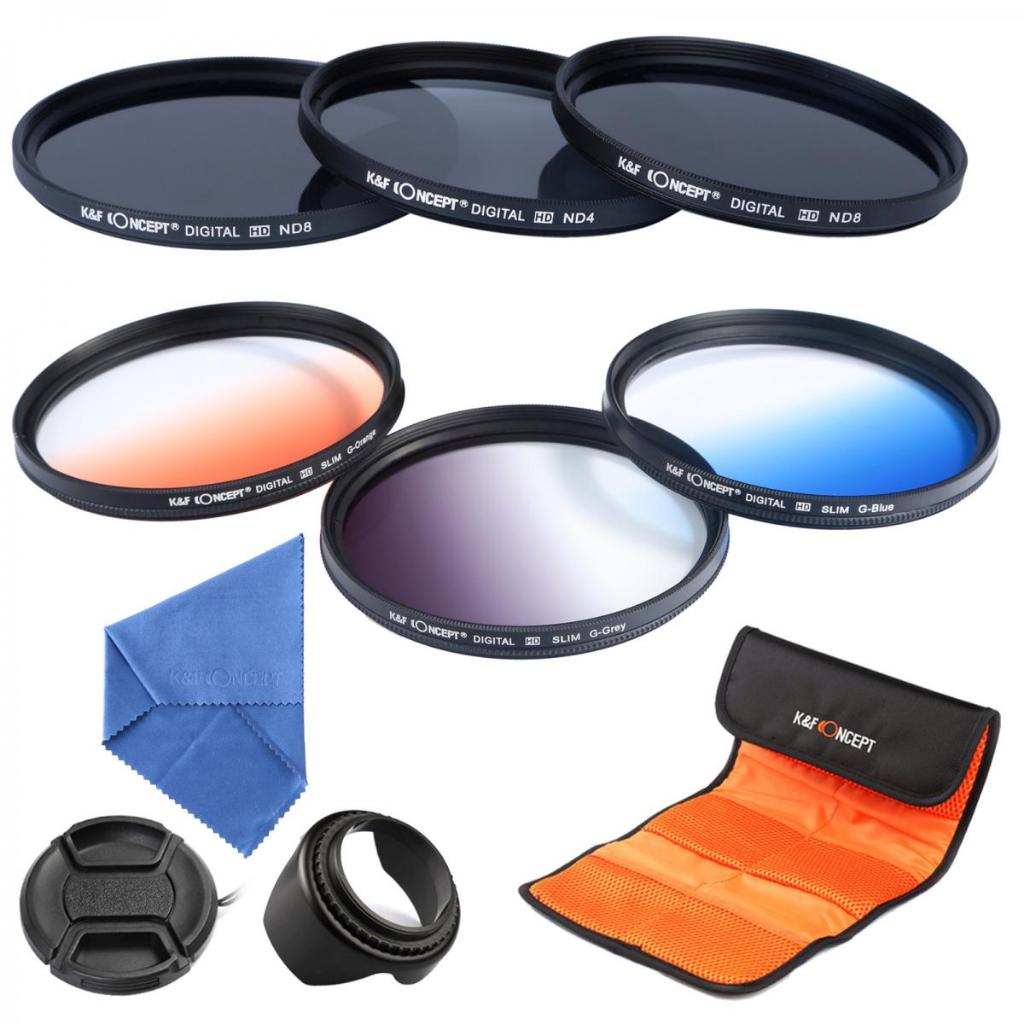 K&F Concept 67mm Filter Kit ND2+ND4+ND8+กรองสีไล่โทนสีสีน้ําเงิน+ส้ม+เทาพร้อมฮูดเลนส์&หมวก
