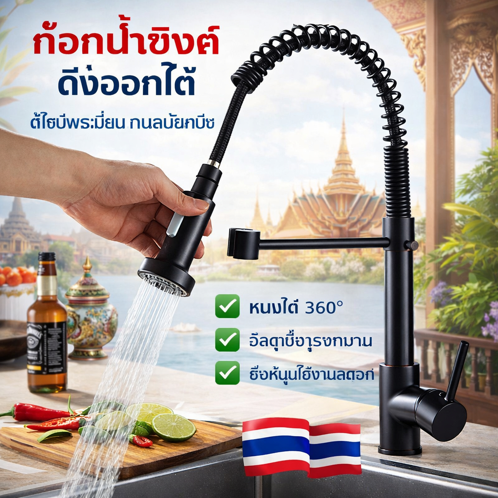 ก๊อกน้ำอ่างล้างจานแบบดึงออกสปริง360° อ่างล้างจานหมุนล้างจาน กะละมังผัก ก๊อกน้ำซิงค์ครัว หัวฉีดดึงได้ 2  หมุนรอบ 360° เพิ่มแรงดัน ประหยัดน้ำ ติดตั้งง่าย