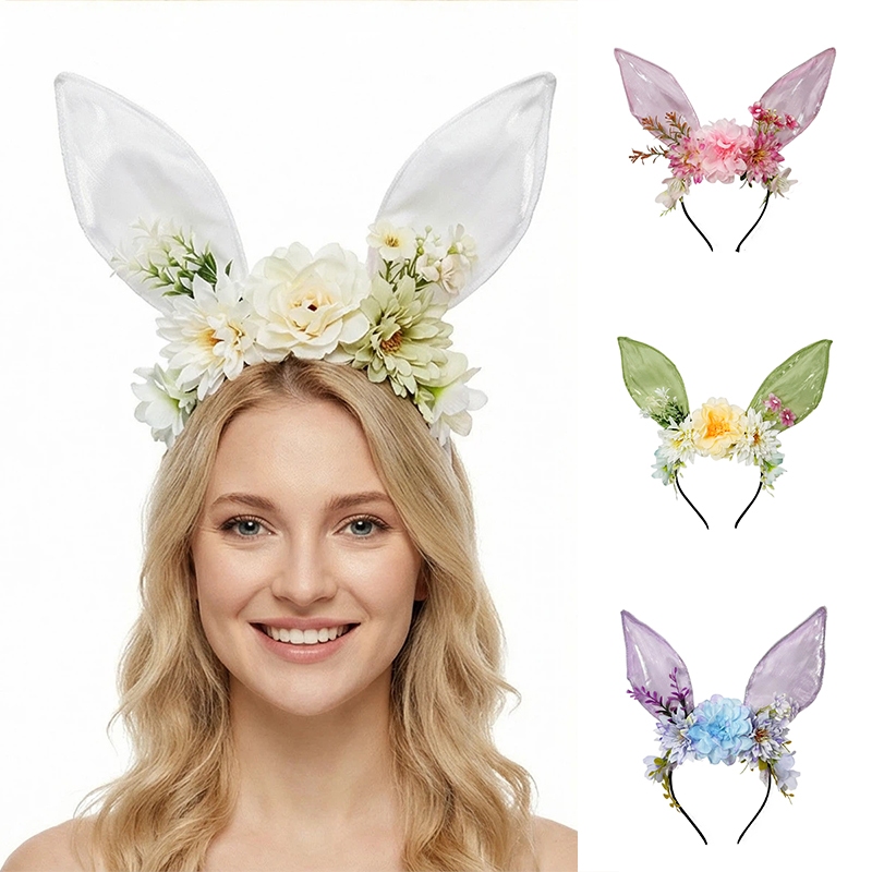 Easter Bunny Ears ที่คาดผมดอกไม้หูกระต่าย Hairband สําหรับผู้หญิงสาวเครื่องประดับผมอีสเตอร์