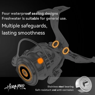 รอกหมุน HERA-PRO อัตราส่วน 5.2:1, 6+1BB, กำลังลากสูงถึง 6KG, ระบบ 3X DRIVE, เลย์ไลน์ช้าและแน่น, ต้านทานเกลือและน้ำจืด