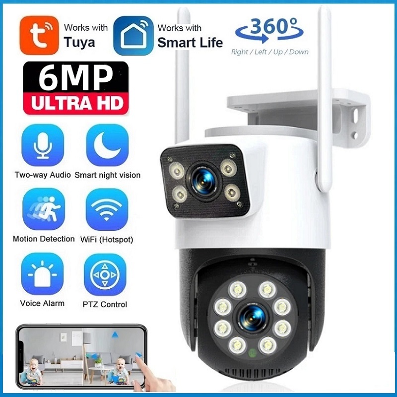 Tuya 6MP PTZ Wifi กล้องรักษาความปลอดภัยเลนส์คู่พร้อมหน้าจอคู่ Ai การติดตามอัตโนมัติกล้องวงจรปิดไร้สายกล้องเฝ้าระวัง Smart Life APP