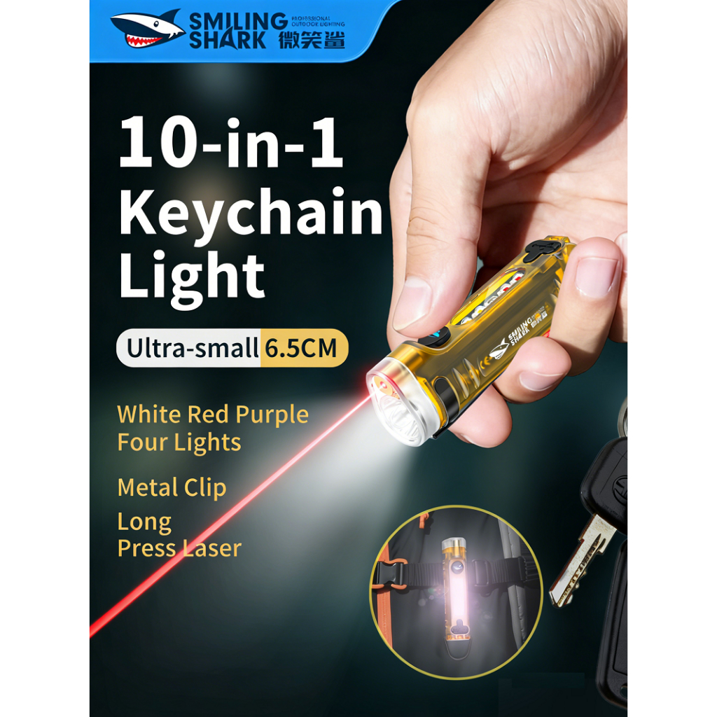 SMILING SHARK LED ไฟฉาย ไฟฉายขนาดเล็กแม่เหล็ก พวงกุญแจ โหมด 8 COB ไฟด้านข้างพร้อมเลเซอร์ Type-c ไฟสีแดงแบบชาร์จไฟได้ ไฟเตือน TIP6060 ฉุกเฉินกลางแจ้งกันน้ํา