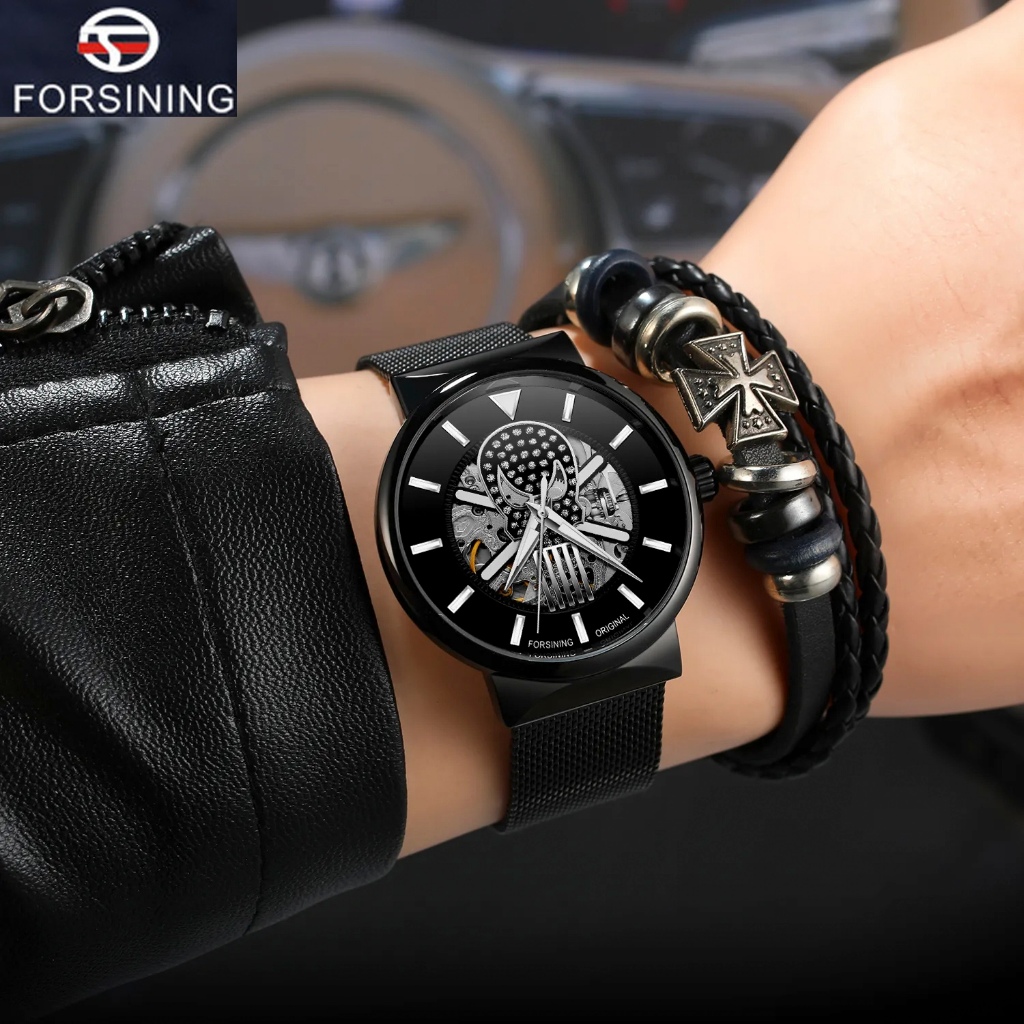 Forsining Watch Mens Night Glow Automatic Mechanical Framework Stainless Steel Mesh Band Watch, Mens