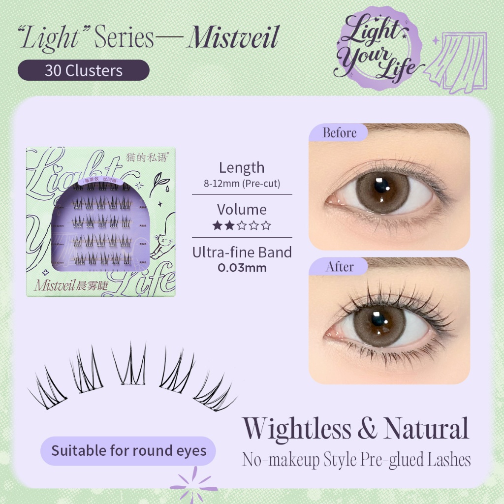 Cats Whisper Light Series กาวฟรี Lashes Super Natural Self-กาว Falsies All Day Last Cluster