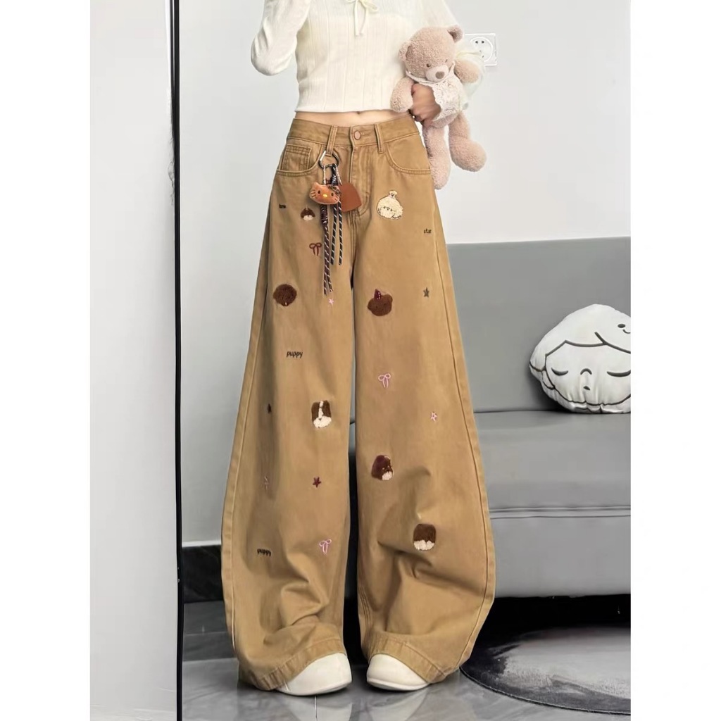 KOKOMI กางเกงยีนส์ปักสำหรับผู้หญิง เอวสูงและขากว้างหลวม