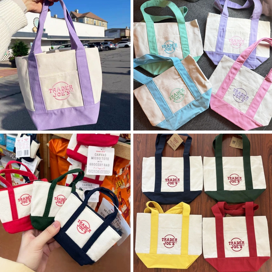 Trader Joe's Mini Canvas Tote Bag 4 สี กระเป๋าโท้ทพับได้ทันสมัย ​​ใช้ซ้ำได้ เหมาะสำหรับการเดินทาง