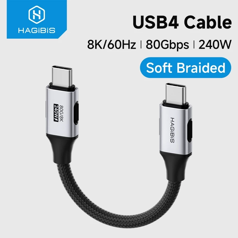 Hagibis USB4 ยืดหยุ่นสาย PD240W USB C ถึง USB C สาย 8K60Hz 80Gbps Data Transfer Thunderbolt 4/3 สายวิดีโอสําหรับ iPhone 17 Pro iPad