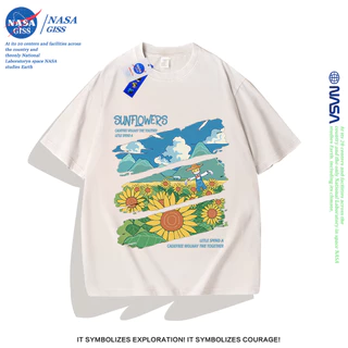 NASA เสื้อยืดฟอก oversize ชายหญิงแขนสั้น สตรีทฮิปฮอป summer ดอกทานตะวัน พิมพ์ลาย คอตตอน100% คอกลม หลวมและระบายอากาศ