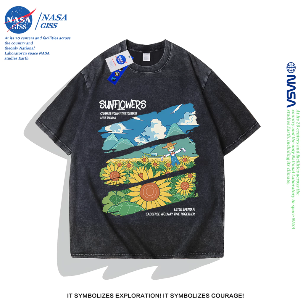 NASA เสื้อยืดฟอก oversize ชายหญิงแขนสั้น สตรีทฮิปฮอป summer ดอกทานตะวัน พิมพ์ลาย คอตตอน100% คอกลม หลวมและระบายอากาศ