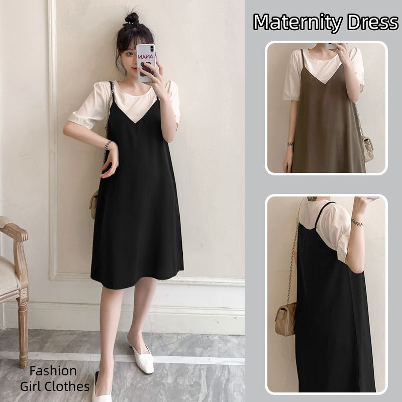 แฟชั่นปลอมสองชิ้นชุดคลุมท้องหลวมแขนสั้นกลางความยาวก่อน