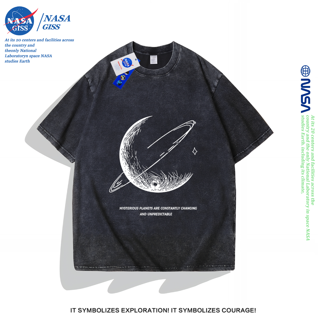 NASA เสื้อยืดฟอก oversize ชายหญิงแขนสั้น สตรีทฮิปฮอป summer ดาวเคราะห์ พิมพ์ลาย คอตตอน100% คอกลม หลวมและระบายอากาศ