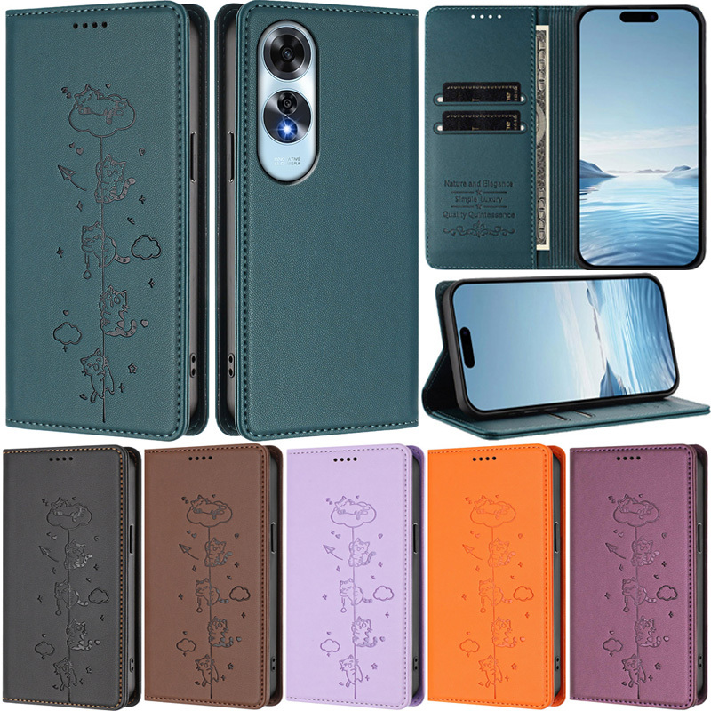 หรูหราปลอกสําหรับOppo A60 4G A38 A18 4G A57 A77 4G 2022 A78 5G A17 A16 A56 A54 5G A74 5G A76 A96 4G A57s A77s A77s Catหนังกระเป๋าสตางค์แม่เหล็กรูปแบบกระเป๋าสตางค์หนัง