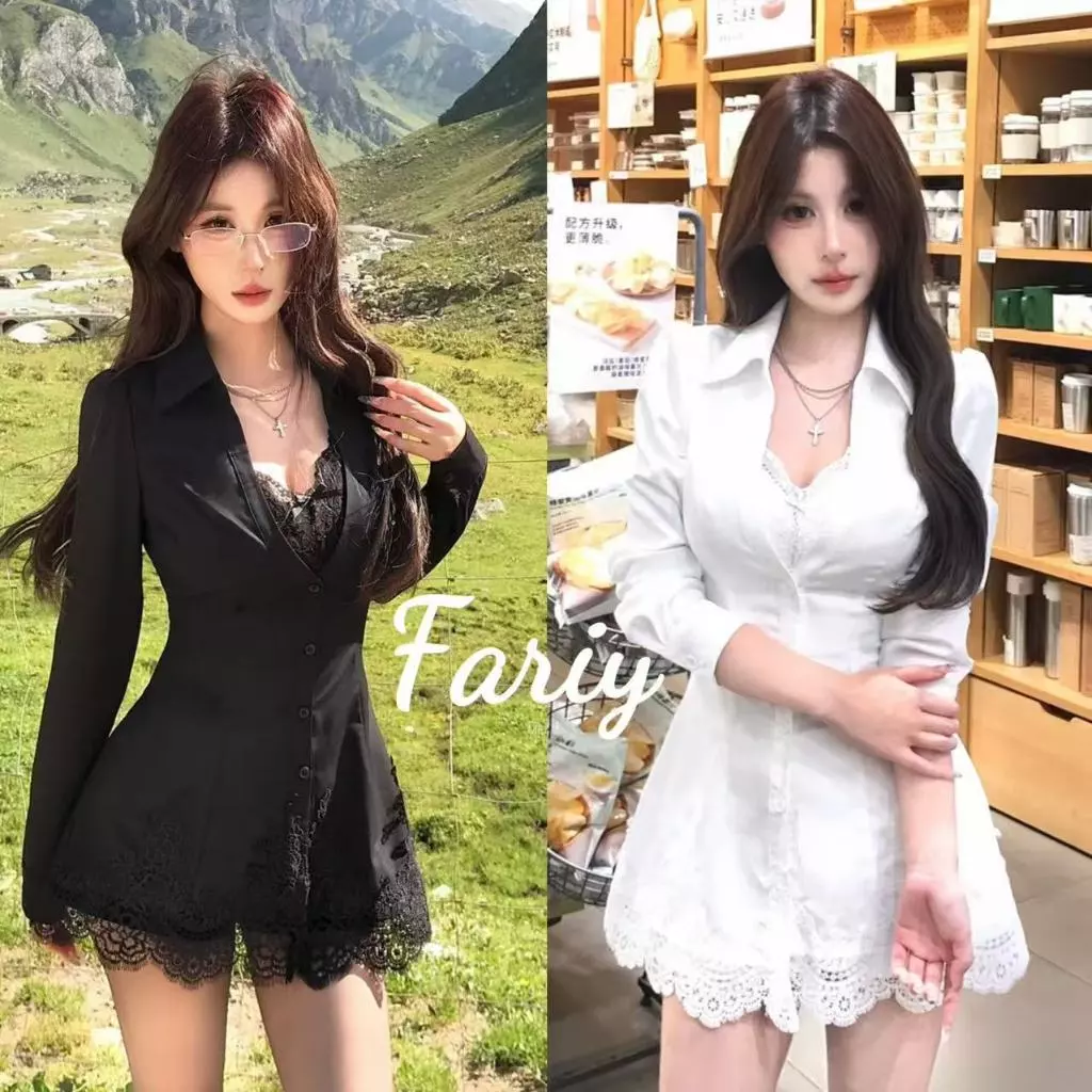 Fariy🍒คลังสินค้าพร้อม🍒 เดรสเชิ้ตแขนยาวคอวีสำหรับผู้หญิง เดรสสั้นผ้าลูกไม้เซ็กซี่ช่วยให้ดูผอมเพรียว เหมาะสำหรับฤดูใบไม้ร่วง
