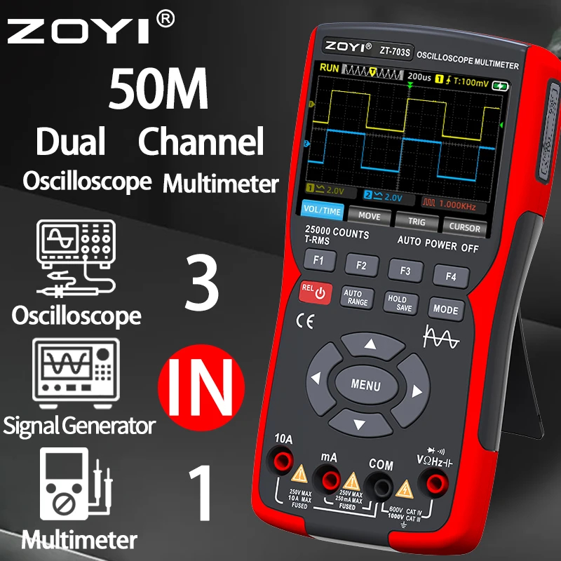 ZOYI ZT-703S 3in1 Dual Channel 50MHz ออสซิลโลสโคป 25000 นับมัลติมิเตอร์แบบดิจิตอล 280MS/s เครื่องทดส