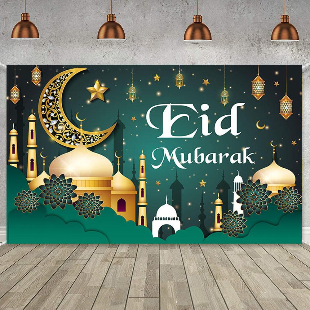 Eid Mubarak ฉากหลังแบนเนอร์ตกแต่งสีเขียว Hari Raya Ramadan Kareem ตกแต่งสําหรับ Home Ramadan มุสลิมอิสลามเทศกาล Party Decor