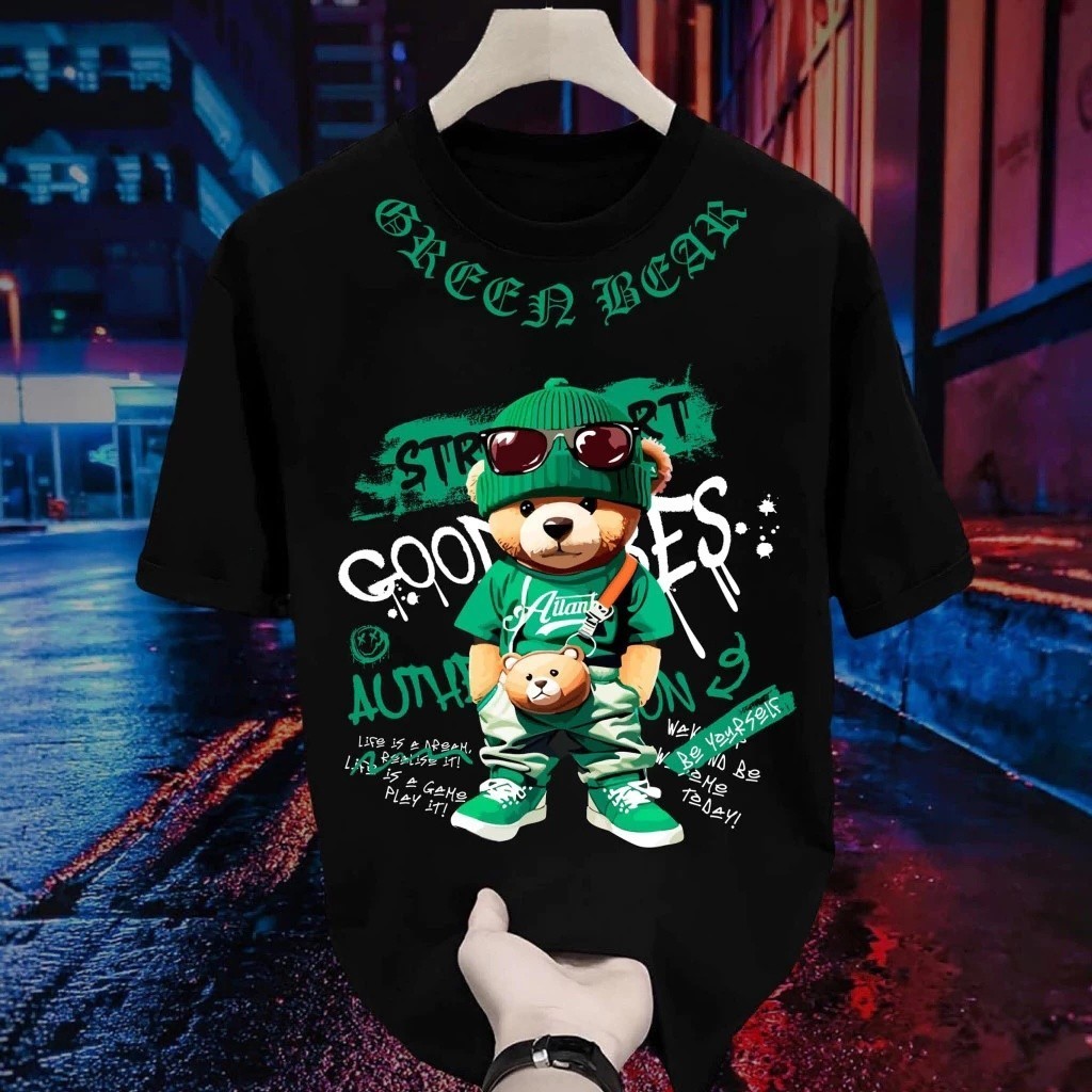 [COD] Green Bear Streetwear เสื้อยืดแขนสั้นผู้ชาย กราฟิกขนาดใหญ่ สไตล์ Hip Hop แฟชั่นลำลอง