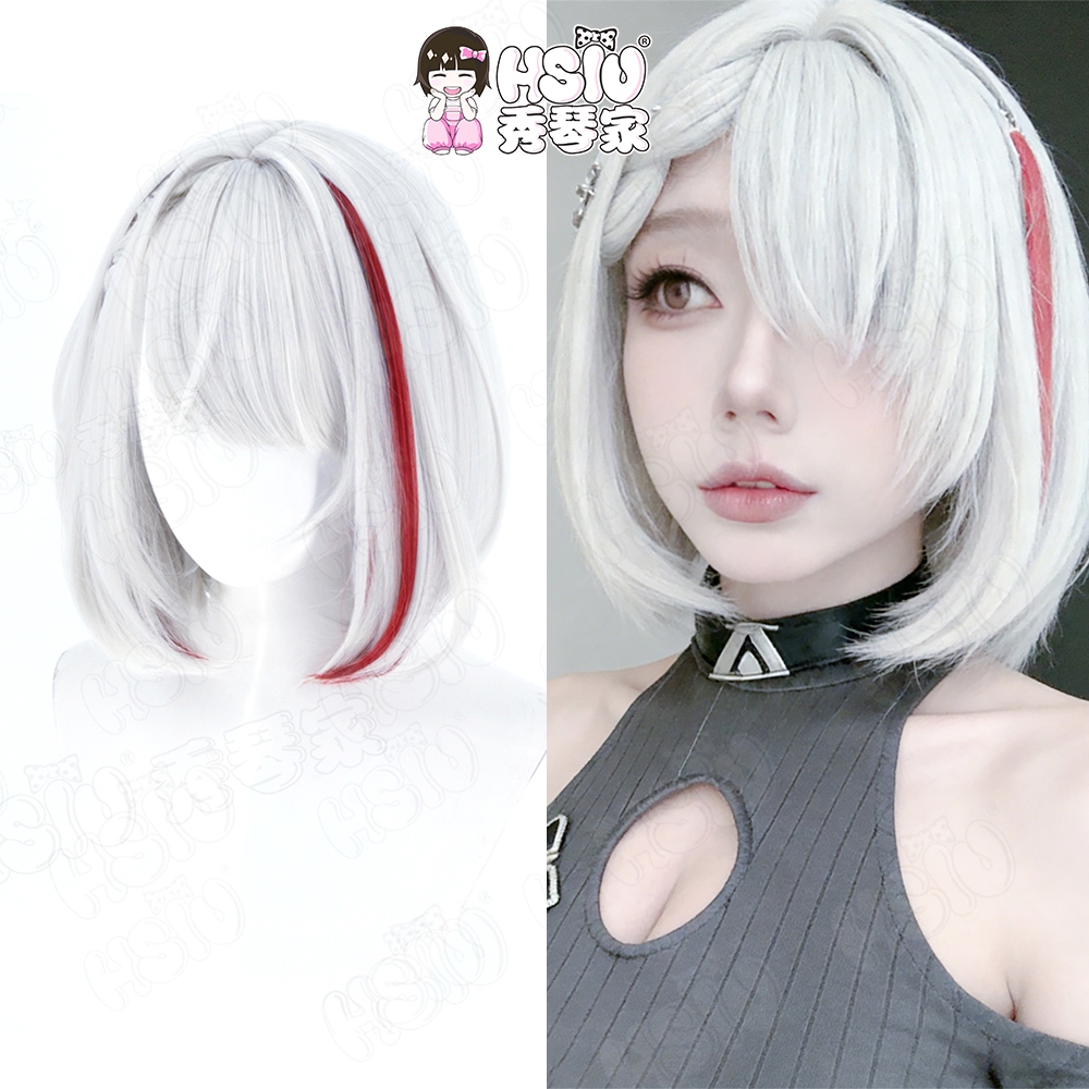 Duisburg คอสเพลย์วิกผม HSIU 30 ซม.เงินสีแดงผมสั้นทนความร้อน Wigs + หมวกวิกผมเกม Azur Lane KMS Duisbu