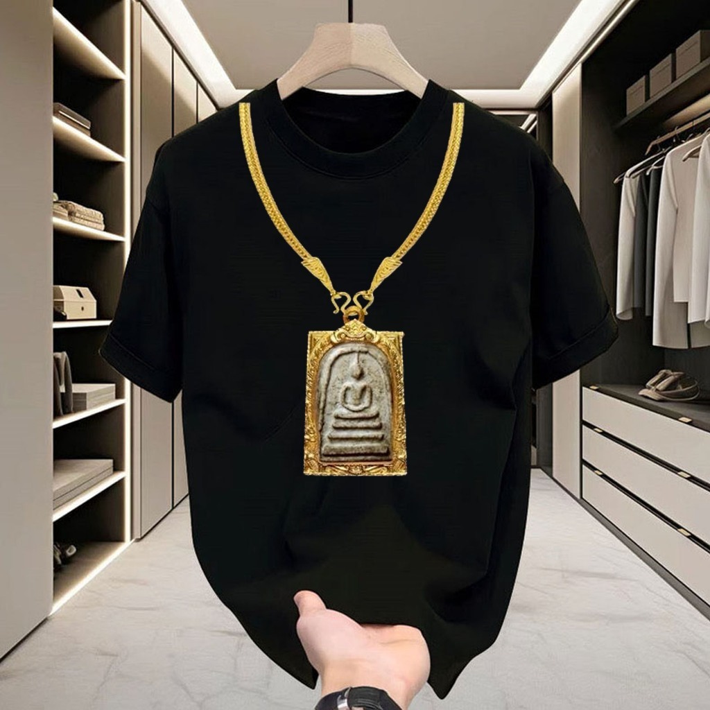 ✨ส่งจากไทย✨ผู้ชาย Lucky Buddha Amulet เสื้อยืดกราฟิกสีดําขนาดใหญ่แขนสั้นวัฒนธรรมไทย Streetwear แฟชั่น Casual Tee