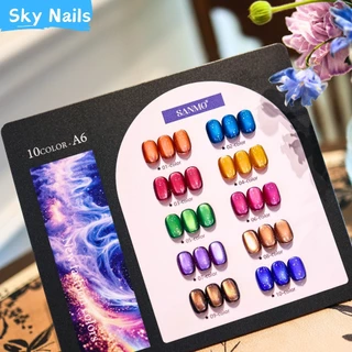 SANMO 10 ชุดแต่งเล็บตาแมวผ้าไหม (ฟรีกระดาน) ลูกปัดแก้วตาแมวตาแมวหลากกาวทาเล็บตาแมวผ้าไหมซาตินสีแดงคาราเมลตาแมวสีฟ้ากาวตาแมวสีม่วง