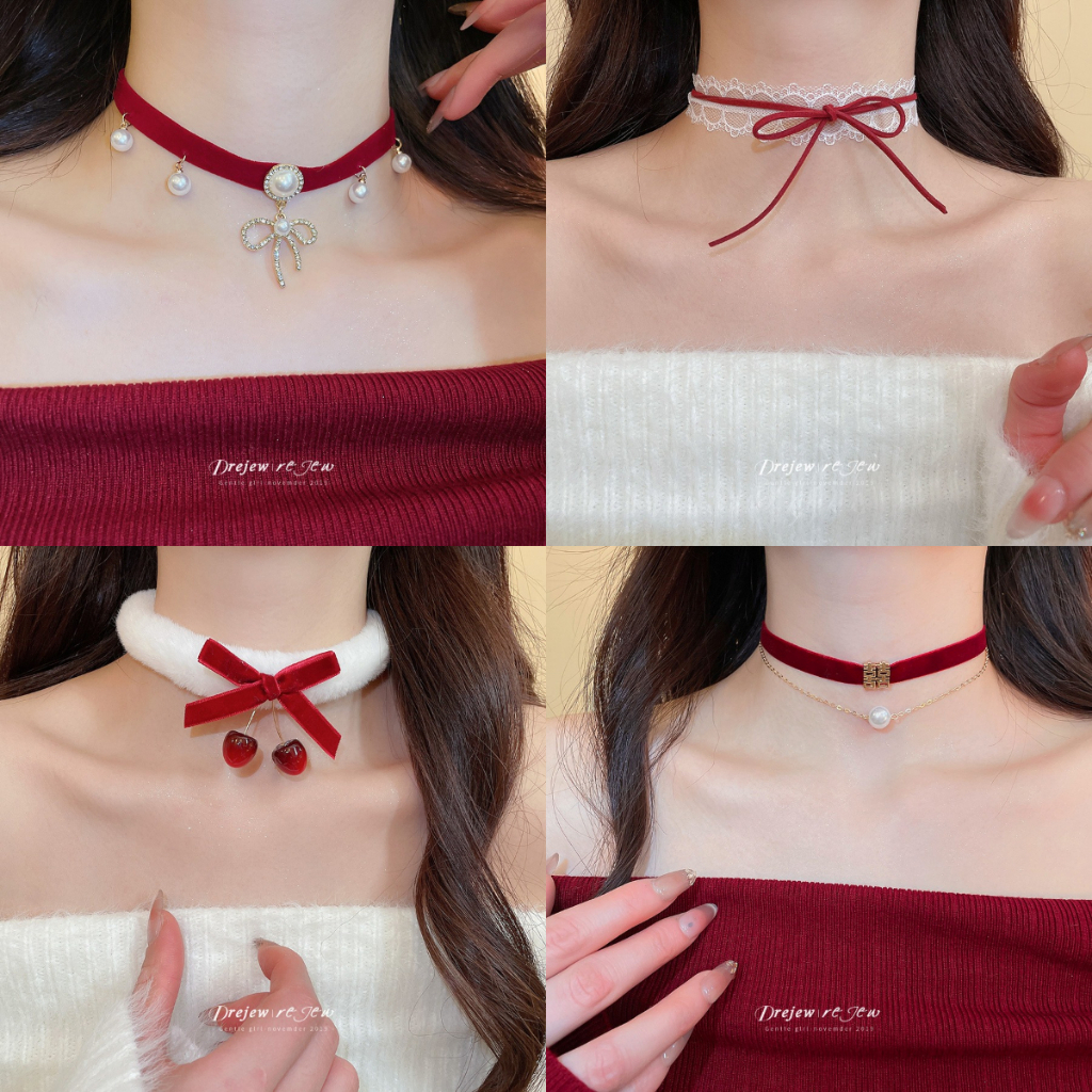 เดรช สีแดงกํามะหยี่เค้นคอผู้หญิงตกแต่งหลายสไตล์ออกแบบแฟชั่นทุกวันอินเทรนด์สไตล์เครื่องประดับอุปกรณ์เสริม