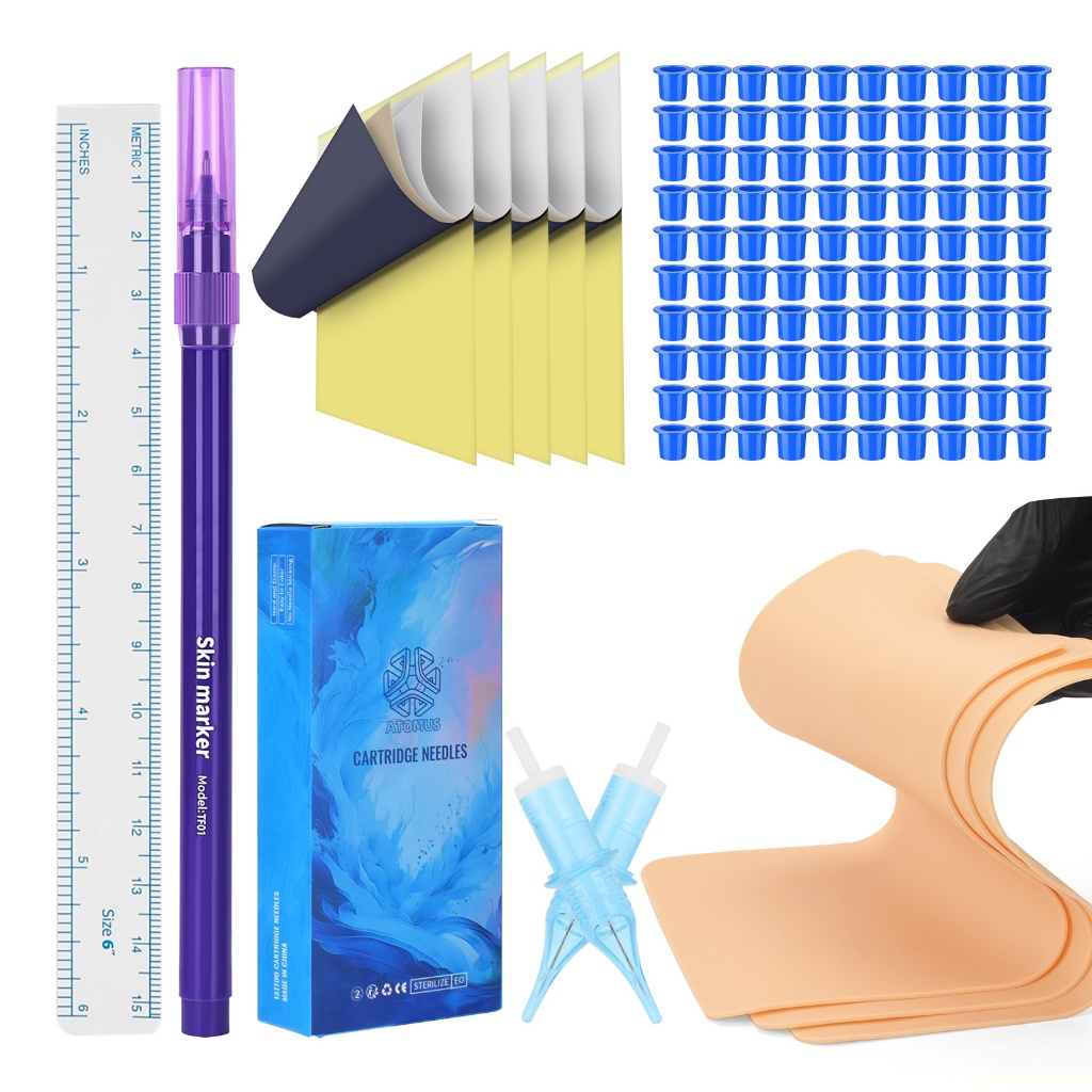 ATOMUS Tattoo ตลับหมึกเข็ม 1203RL รอบตลับหมึกชุด 5PCS ฝึกผิว 5PCS Transfer กระดาษ Professional Tatto