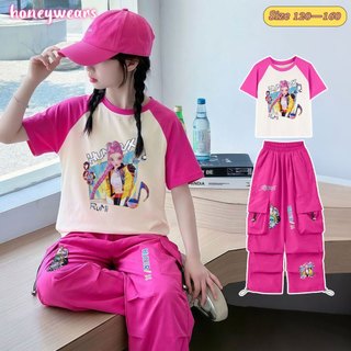honeywears⚡พร้อมส่ง⚡ชุดเซ็ตเด็กผู้หญิง ชุดเซ็ทเด็ก2ชิ้น สไตล์เกาหลี Kpop Demon Hunters เสื้อยืดลายการ์ตูน+กางเกงคาร์โก้ สีสันสดใส ใส่สวย ไซส์ 120-160