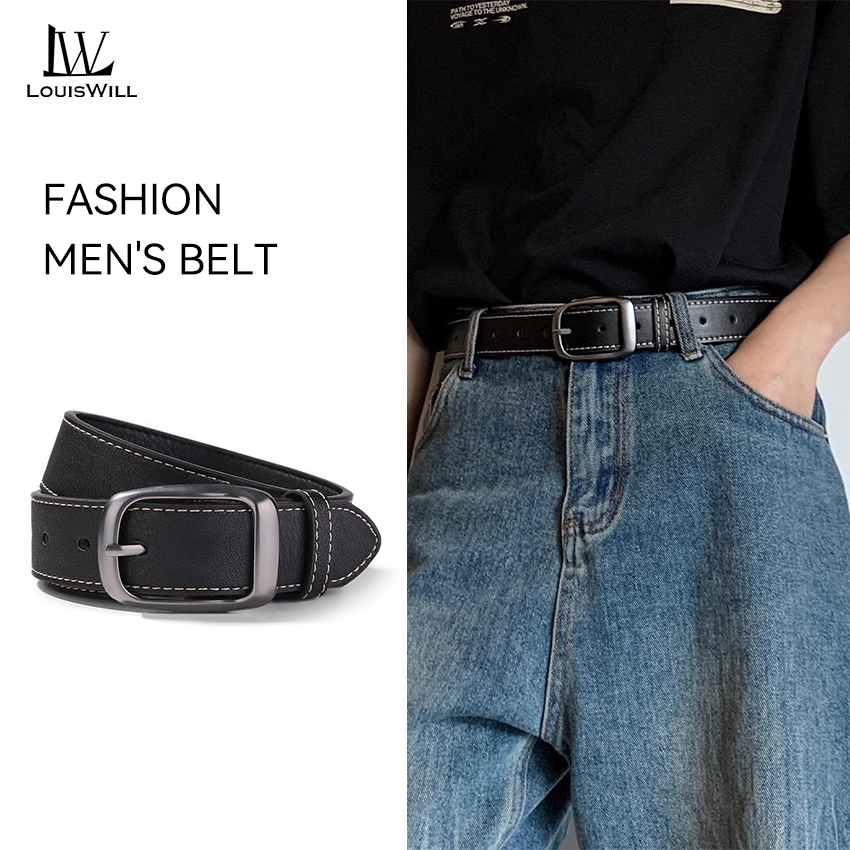 LouisWill เข็มขัดผู้ชาย แบบPUที่ทนทานต่อการขีดข่วน เหมาะสำหรับงานธุรกิจและวันหยุด ขนาด120ซม.