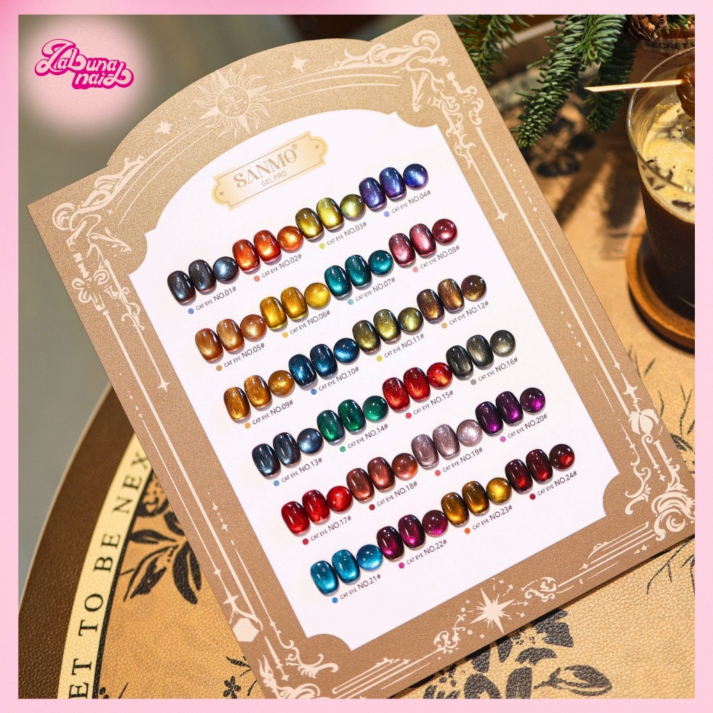 【พร้อมส่ง】SANMO 24 สีสันผ้าไหมซาตินตาแมว, ชุดแต่งเล็บตาแมวใหม่ (บัตรสีฟรี) ลูกปัดแก้ว ตาแมว หลอดไฟสี ตาแมว