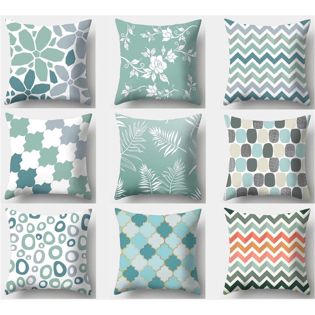 60x60.50x50.45x45.40x40.ปลอกหมอน Geometric สีเขียว Aqua.ปลอกหมอนโซฟาตกแต่งบ้าน