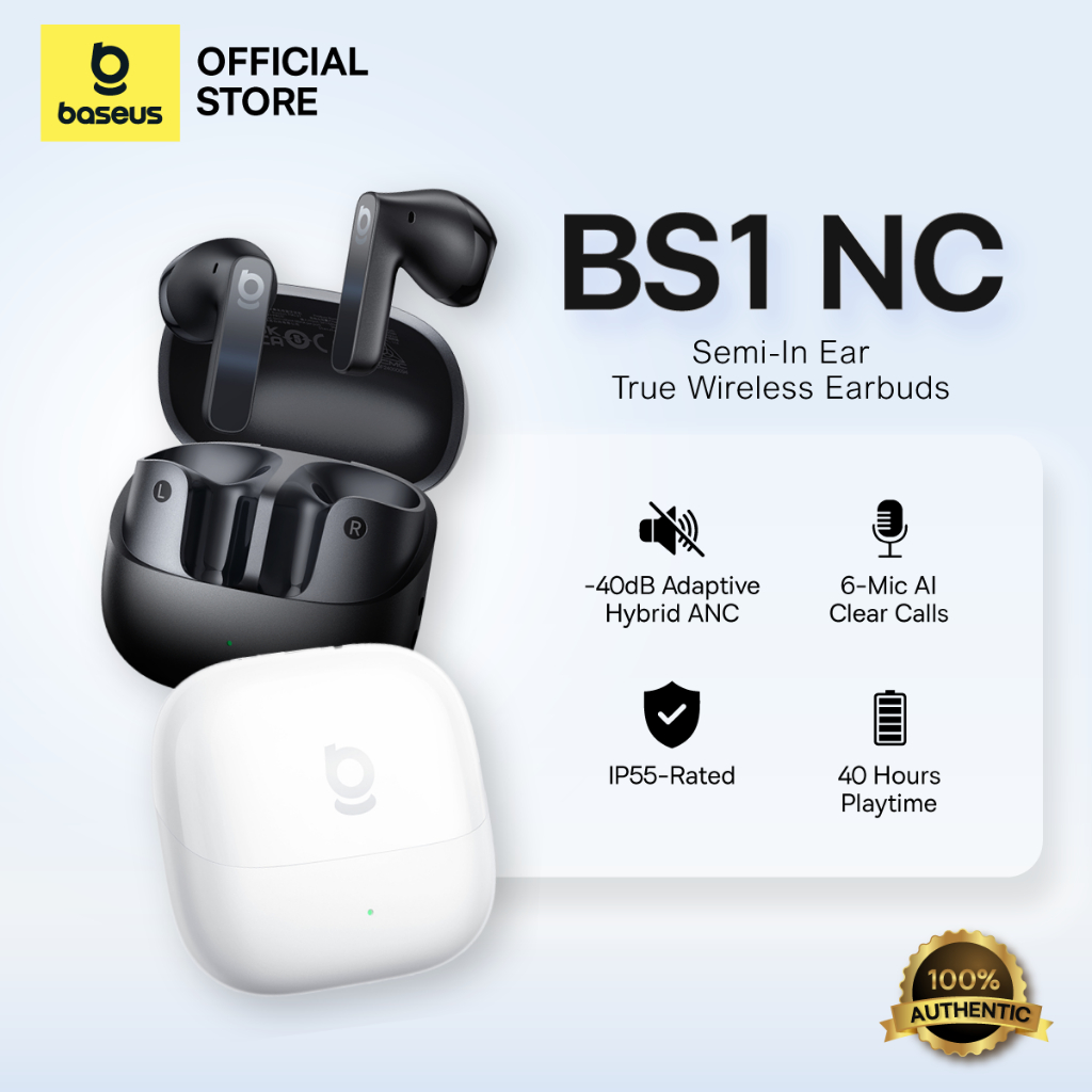 BASEUS Bass BS1 NC หูฟังแบบกึ่งอินเอียร์ตัดเสียงรบกวน ANC ไมค์ 6 ตัว Bluetooth 6.0