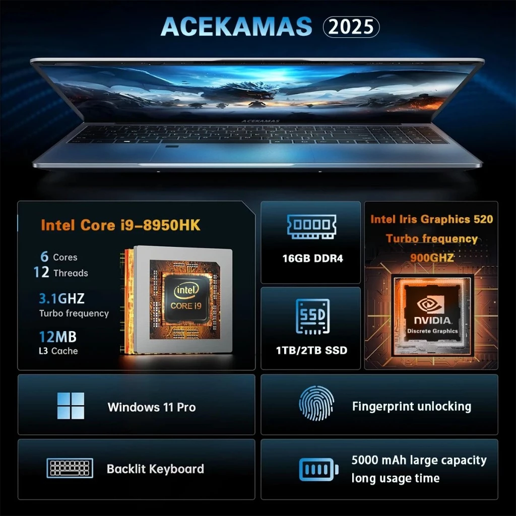 2026 ใหม่ลายนิ้วมือ UnIock โน้ตบุ๊ค 15.6 นิ้วแล็ปท็อป Intel Core i9-8950HK 16GB RAM 1TB/2TB SSD Windows 11 Pro แล็ปท็อปเกมสํานักงาน thumbnail 3