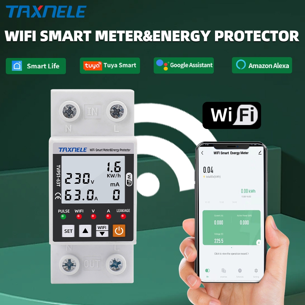 TAXNELE 63A TUYA WiFi Smart Circuit Breaker Earth Leakage Voltage Protector Energy Power kWh Meter