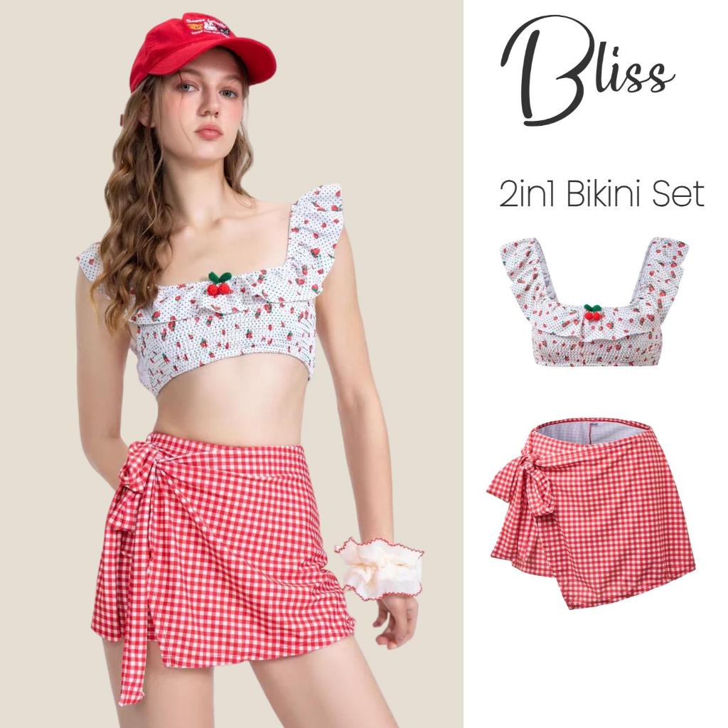 BLISS Berry 2-in-1 บิกินี่แฟชั่น สตรอเบอร์รี่และลายจิงแฮม เอวสูง แห้งไว สำหรับสวมใส่วันหยุดริมชายหาดฤดูร้อน