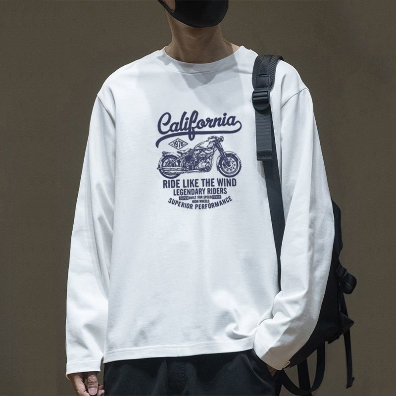 อเมริกันรอบคอแขนยาวTเสื้อStreetสไตล์พิมพ์รูปแบบหลวมผู้ชายRetroแขนยาวTเสื้อฤดูใบไม้ผลิผ้าฝ้ายสวมใส่สบายเสื้อ