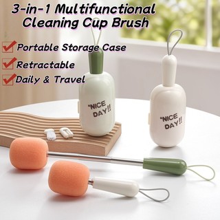 Portable 3-in-1 Sponge Cup Brush Household Kitchen Retractable Cleaning Brush with Storage Case