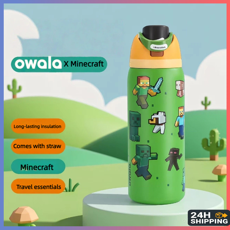 Owala X Minecraft FreeSip Water Bottle 24oz & 32oz-ฉนวนกันความร้อนสแตนเลส, Leak-Proof, One-Handed Di