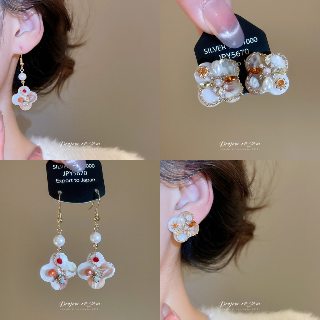 DREJEW Gold Fower & สีสัน Rhinestone Drop ต่างหูแฟชั่นผู้หญิงอินเทรนด์ทุกวัน Stylish เครื่องประดับอุปกรณ์เสริม