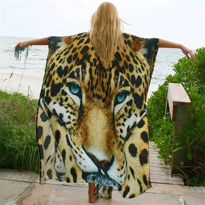 Oversize Beach Cover up Tiger พิมพ์เสื้อสําหรับ Beach Long Kaftan บิกินี่ Cover-ups Robe de Plage Sa