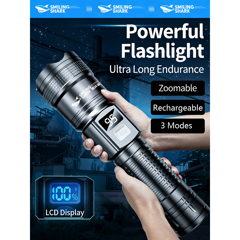 Smiling Shark SD5242 ไฟฉาย LED 3 โหมด Type-c ชาร์จ Super Bright ไฟฉายไฟฟ้าชาร์จจอแสดงผลกันน้ํากลางแจ้ง Camping Home Work Lighting