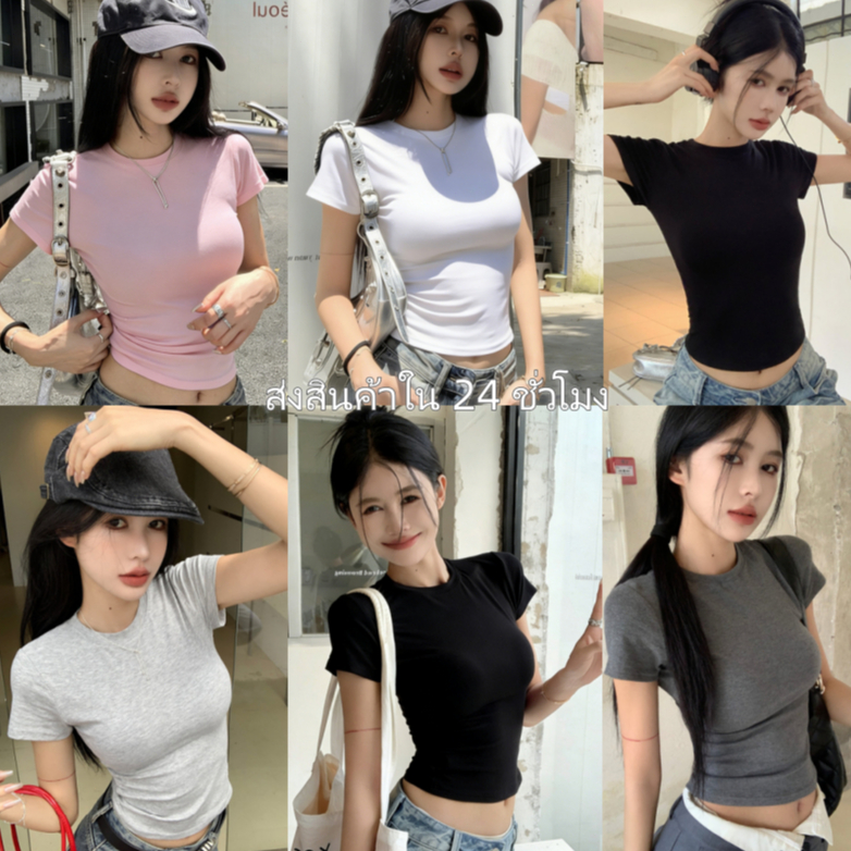 🖤พร้อมส่ง🤍เสื้อยืดไหล่เอวหยิกสีขาวแขนสั้นของผู้หญิงสลิมฟิตเสื้อฐานสั้นสาวเผ็ด