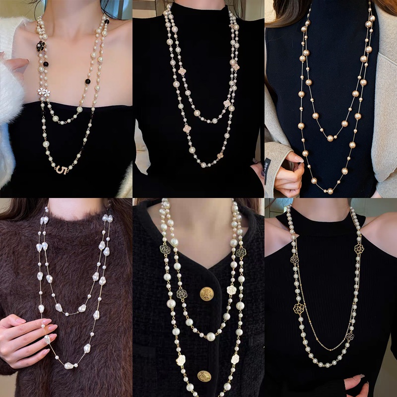 สร้อยคอไข่มุกยาวสวมได้2-3ชั้นสไตล์วินเทจฝรั่งเศสหรูเครื่องประดับสาวใส่เดทงานเทศกาล